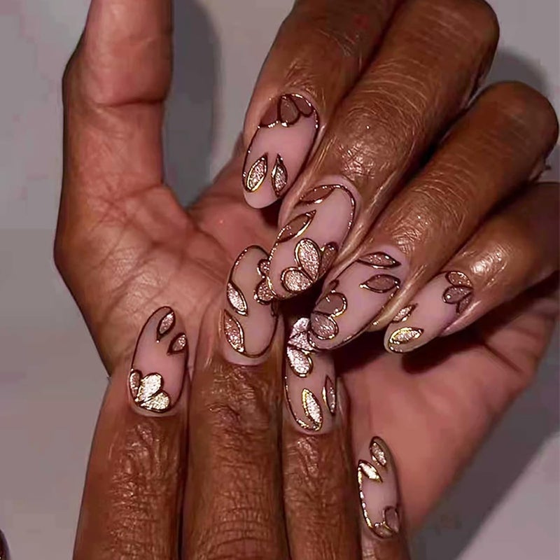 ASABITE 24 Pcs Nude Press on Nails Medium Almond Fake Nails with Glue Artificial Acrylic Nails Press ons with Golden Glitter Leaf Design Full Cover Reusable Stick on Nail for Women Girls Daily Wear - Image 1